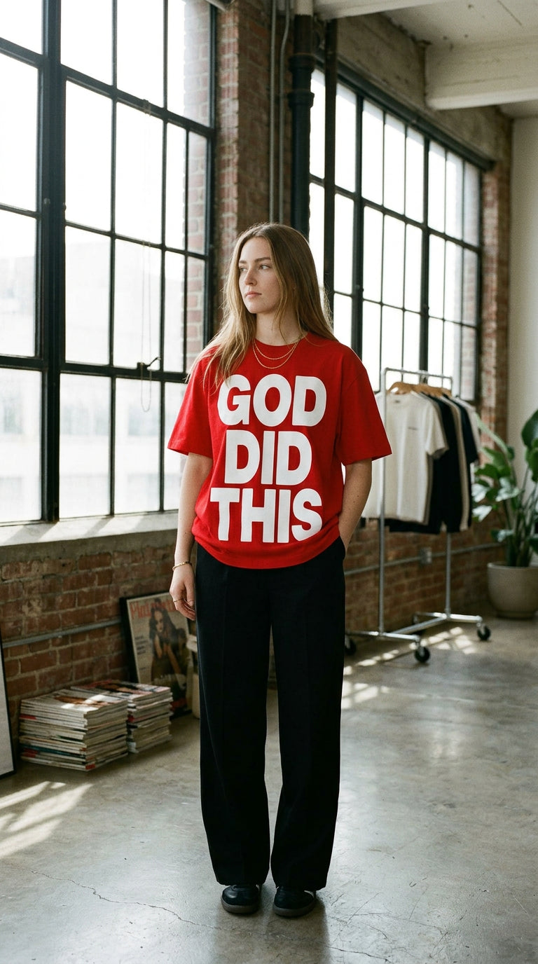 God Did This red tee on model