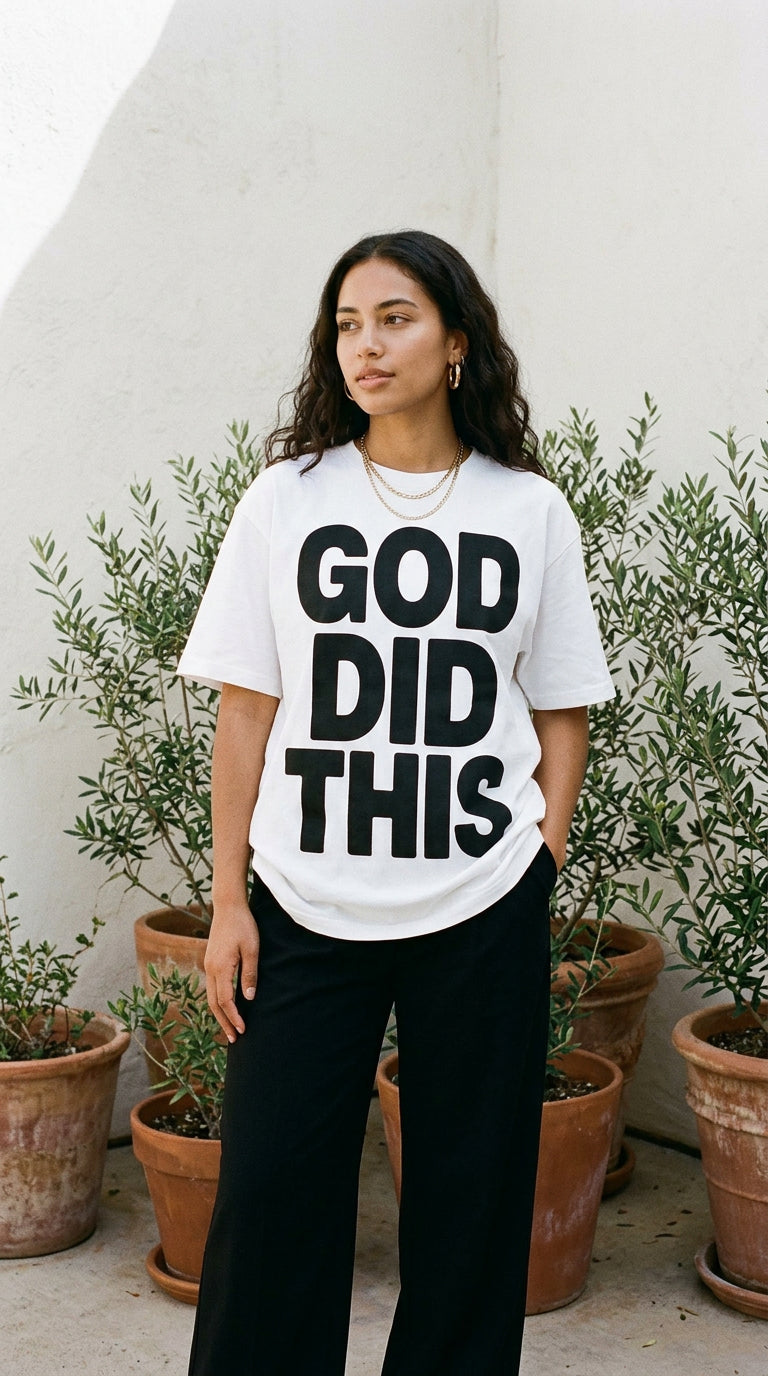 God Did This white tee on model